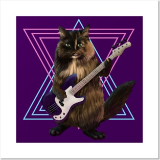 Cat playing bass guitar Posters and Art